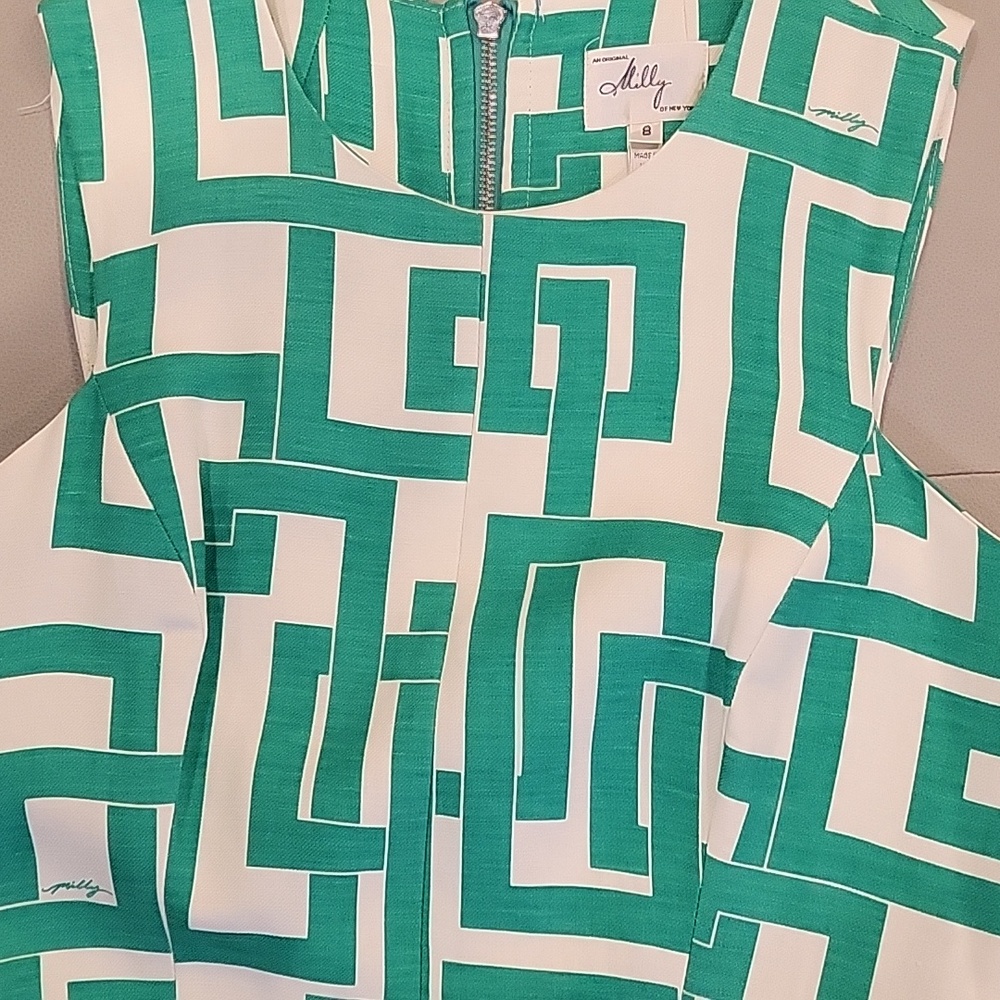 Milly Green and White Geometric Shift Mini Dress - Picture 7 of 7